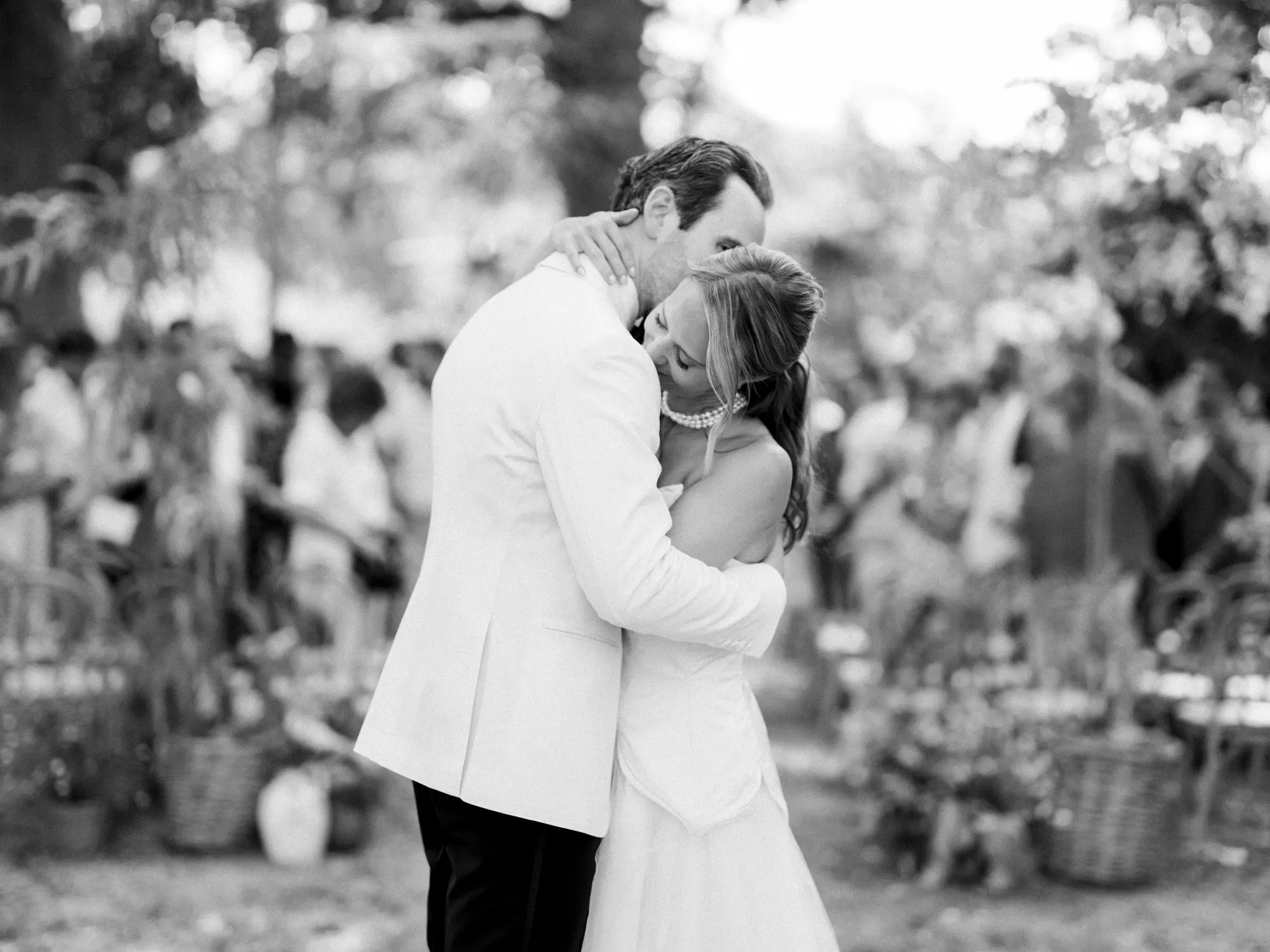 Bride and groom after the ceremony of their wedding at Domaine de la Fauconnie, France.