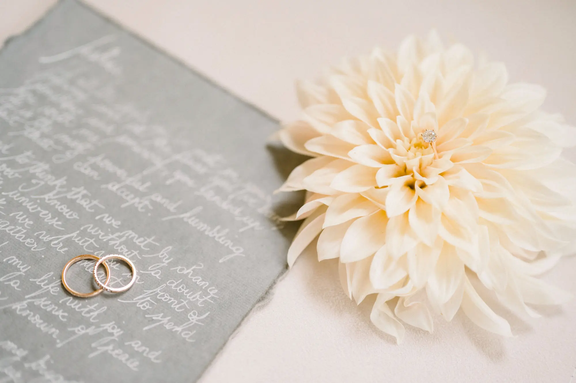 Wedding rings beside a cream dahlia and handwritten vows