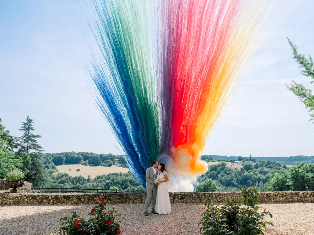 Bride and groom during their wedding at Château de la Jarthe, France.