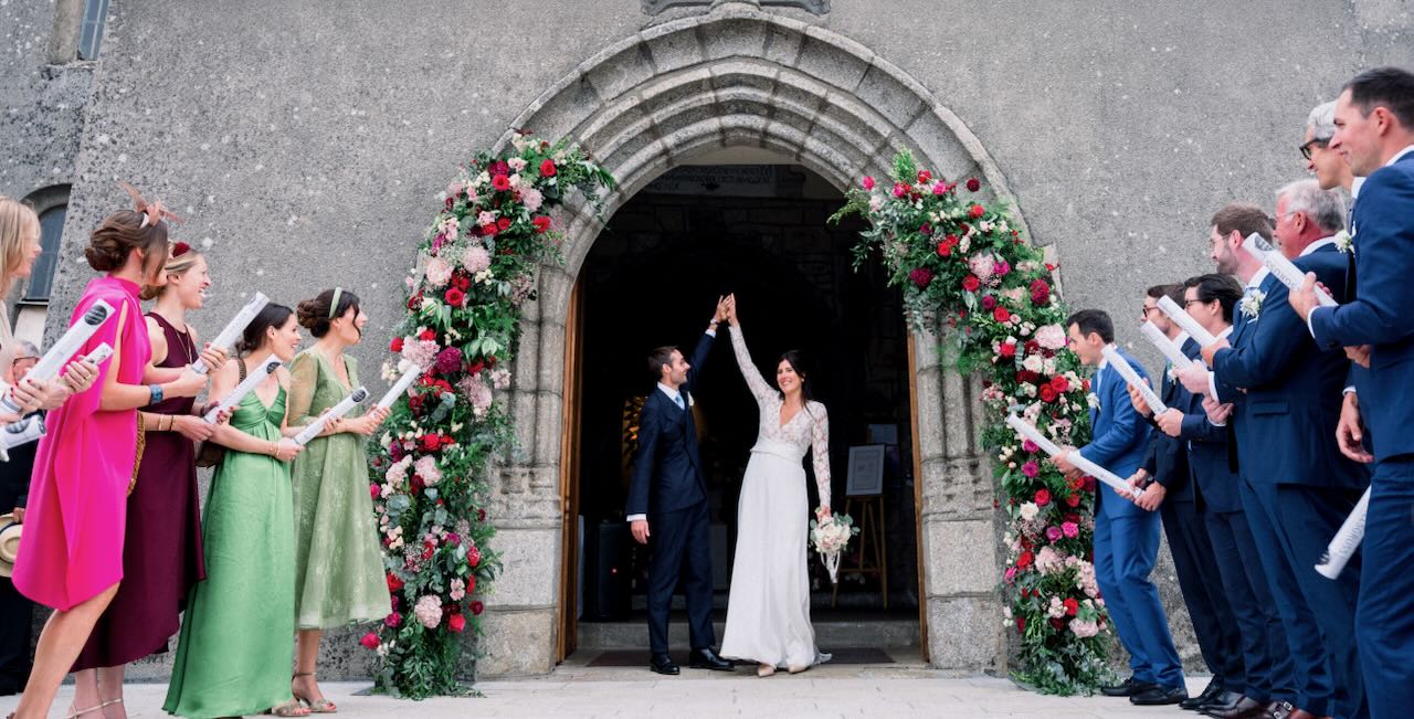 Bride and groom during their wedding at Château de Labro, France.