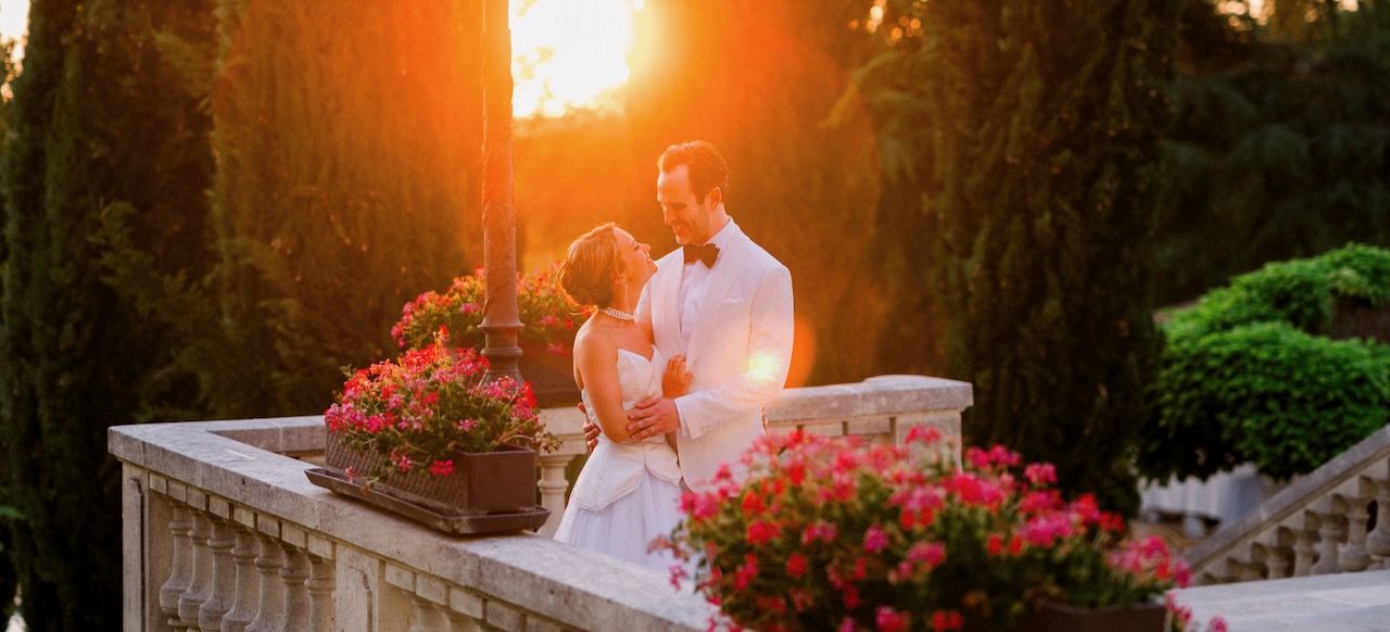 Bride and groom during their wedding at Domaine de la Fauconnie, France.